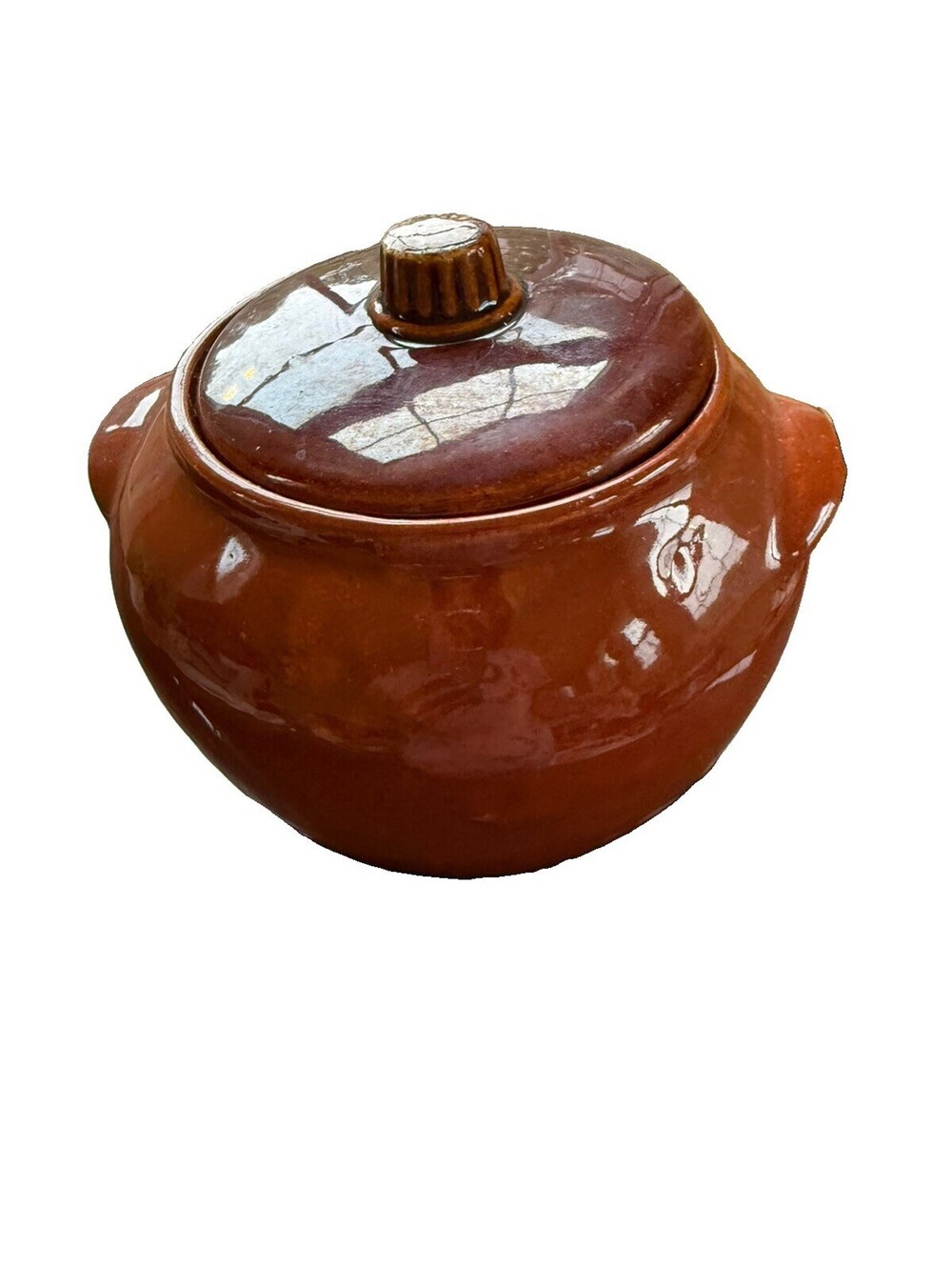 Vintage Brown Bean Pot Crock, stoneware Double Handle Lid